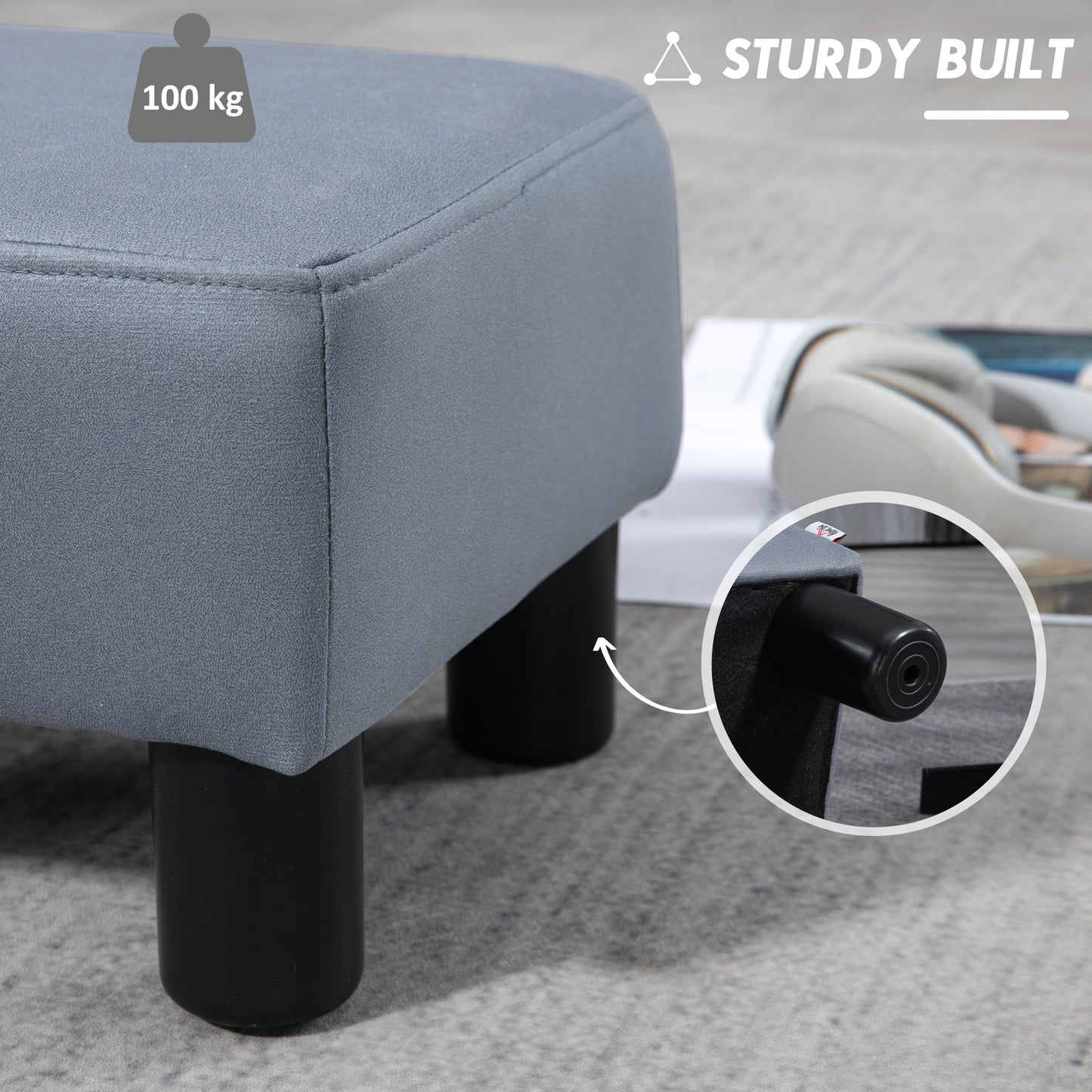 HOMCOM Microfiber Cloth Footstool, Small Foot Rest, Rectangle Sofa Stool for Bedroom Living Room, Grey
