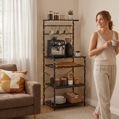 HOMCOM Freestanding Shelving Unit, Industrial Storage Shelf with 6 Hooks and Wine Rack for Living Room, Home Office, Black