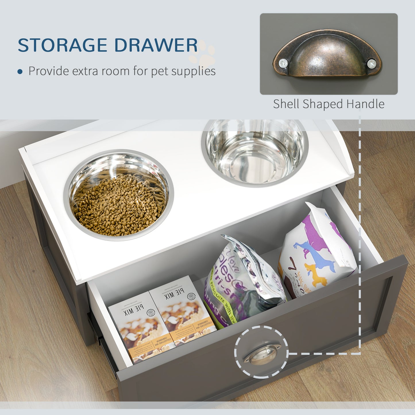 PawHut Stainless Steel Raised Dog Bowls, with 21L Storage Drawer for Large Dogs - Grey