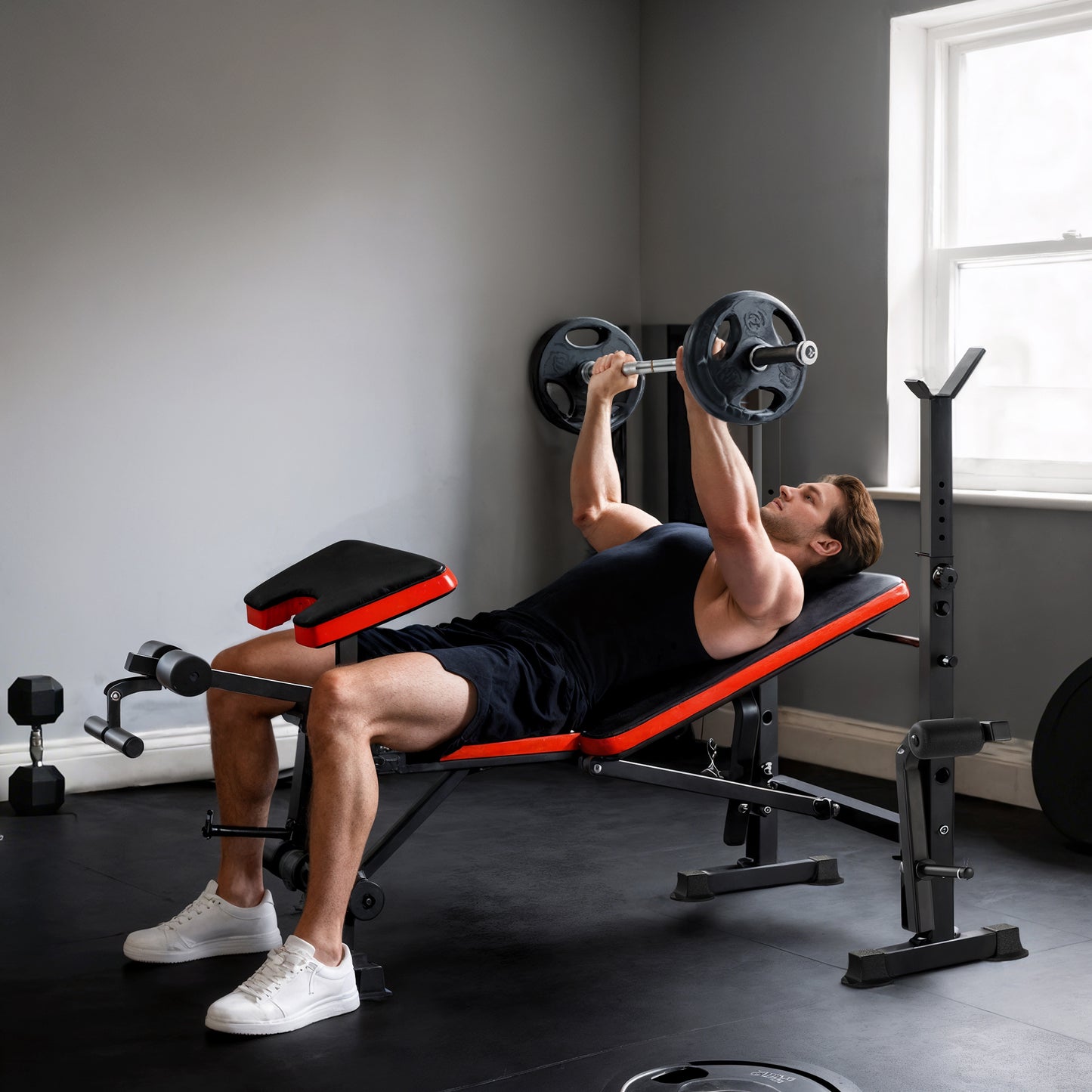 HOMCOM Adjustable Weight Bench with Leg Extension, Barbell Rack, Preacher Curl Pad, Butterfly, Multi-Function Home Gym Bench for Strength Training, Red