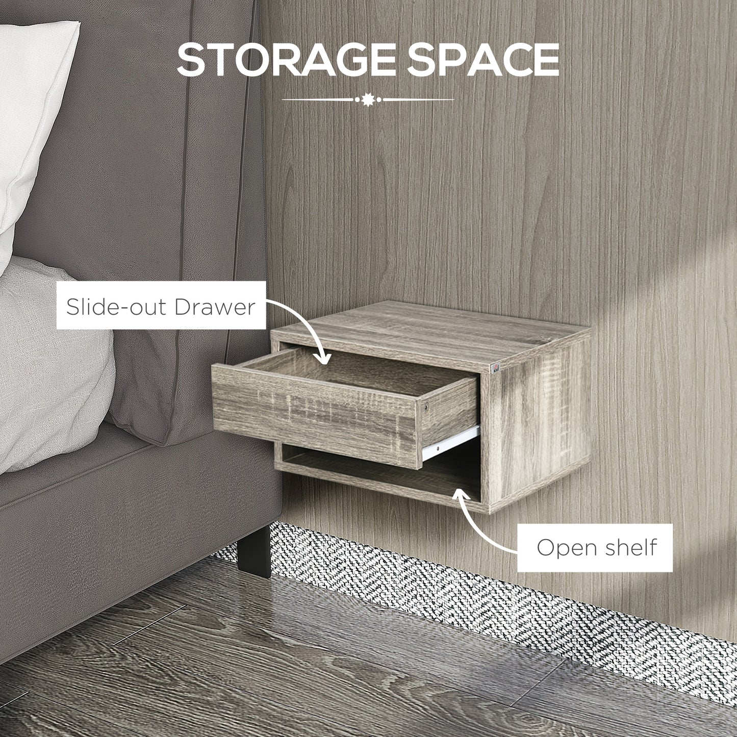 HOMCOM Floating Bedside Tables Set of 2, Wall Mounted Nightstand, Grey Wood Effect