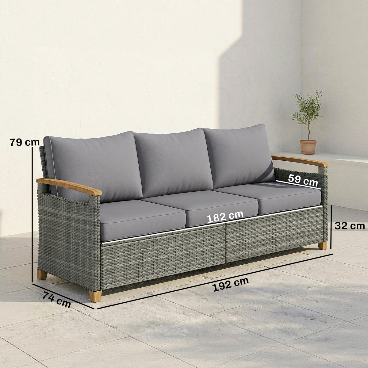 Outsunny 3 Seater Rattan Garden Sofa, PE Wicker Outdoor Sofa Wide Deep Seat, 4" Cushions, Wood-Effect Armrests Legs, Dark Grey