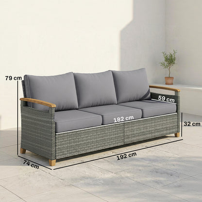 Outsunny 3 Seater Rattan Garden Sofa, PE Wicker Outdoor Sofa Wide Deep Seat, 4" Cushions, Wood-Effect Armrests Legs, Dark Grey