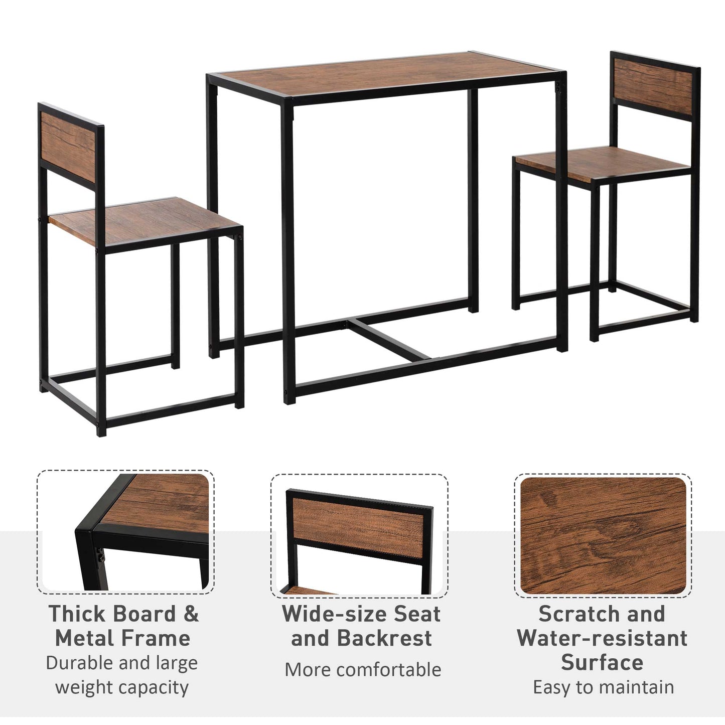 HOMCOM Dining Table and Chairs Set 2, Dining Room Sets, Rectangular Space Saving Table and 2 Chairs for Compact Kitchens, Steel Frame, Natural