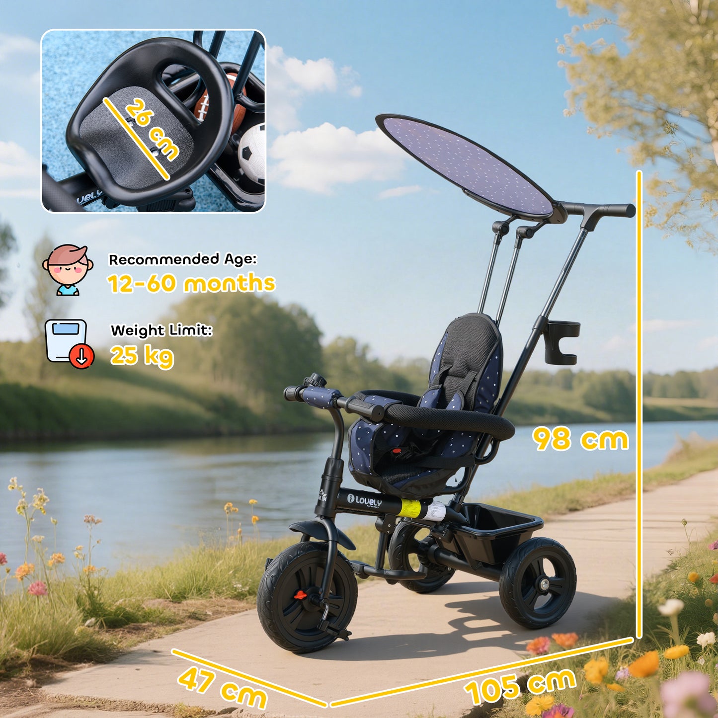 HOMCOM 6 in 1 Tricycle for Kids with 5-point harness straps, Removable Canopy, Dark Blue