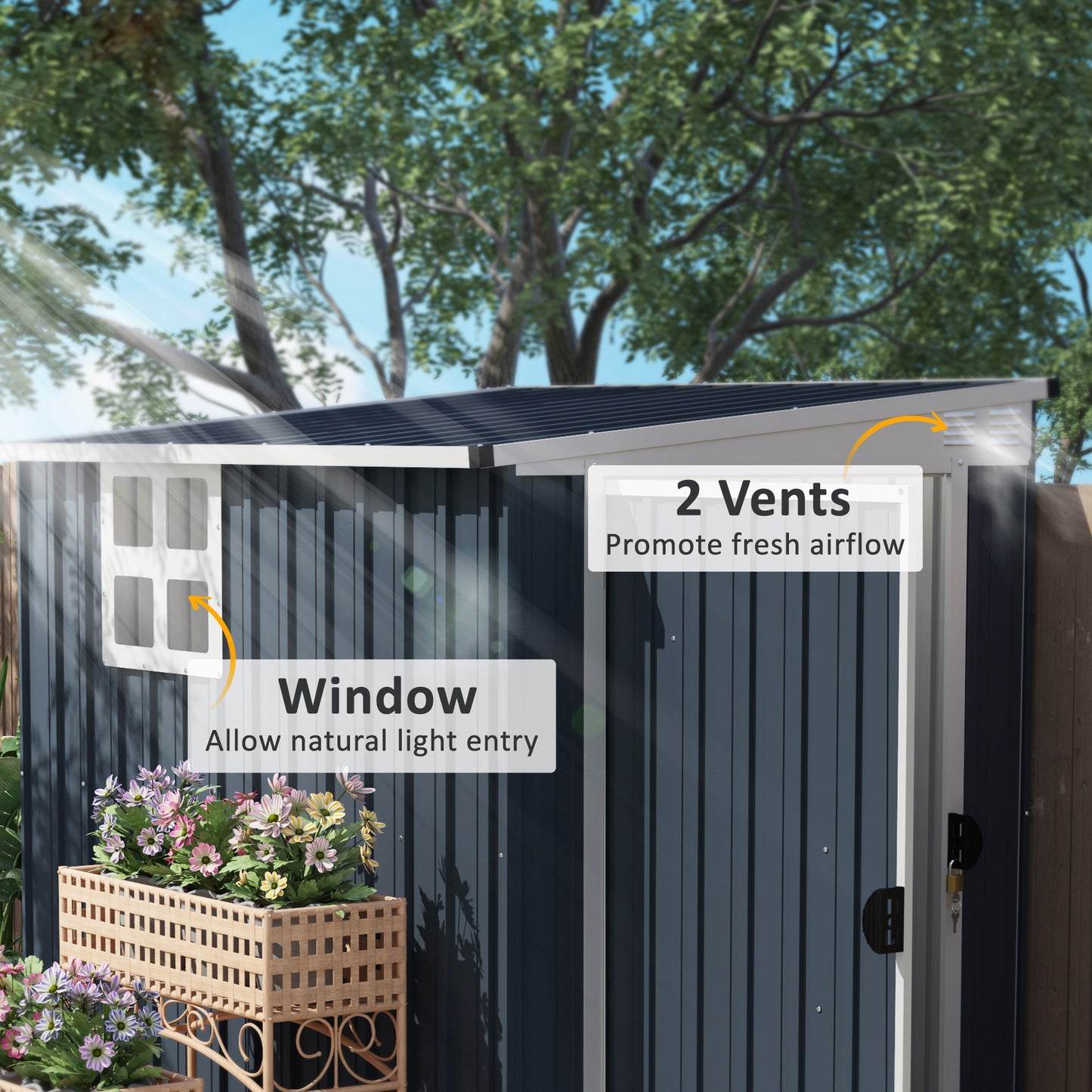 Outsunny 4 x 6ft Garden Metal Shed, Outdoor Storage Shed with Window, 2 Vents and Lockable Door, Dark Grey