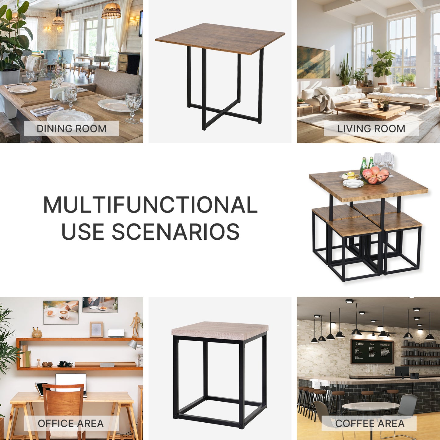 HOMCOM 5 Piece Dining Table and Chairs Set 4, Industrial Space Saving Table and Chairs with Metal Frame, Square Kitchen Table and Stools for Dining Room, Brown
