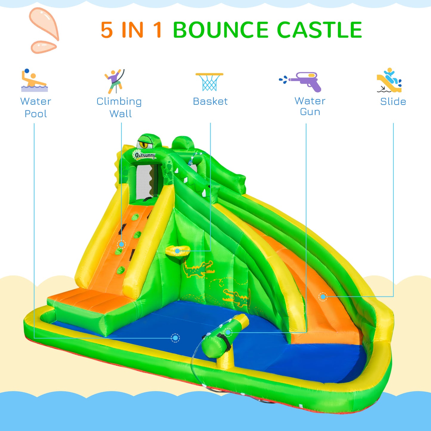 Outsunny Kids Bouncy Castle, 5 in 1 Large Crocodile Style Inflatable House Slide Basket Water Pool Gun Climbing Wall with Blower Carrybag for Kids Age 3-8, 3.85 x 2.85 x 2.25m
