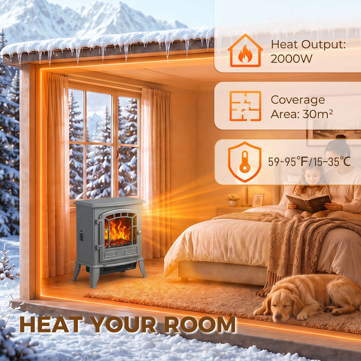 HOMCOM Electric Fireplace Stove, 1000W/2000W, Freestanding Electric Fire with LED Flame Effect, Adjustable Thermostat, Grey