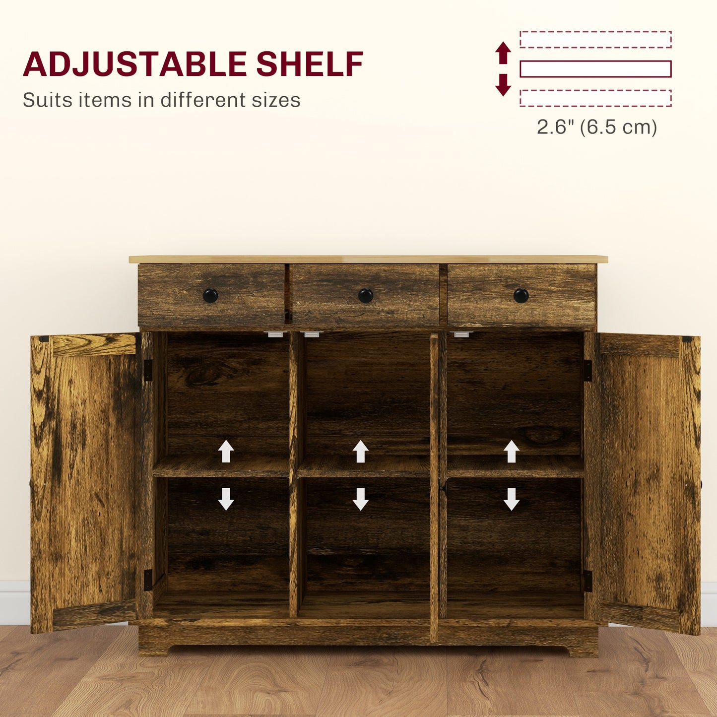 HOMCOM Sideboard with Rubberwood Top and Adjustable Shelves for Dining Room, Kitchen - Rustic Brown