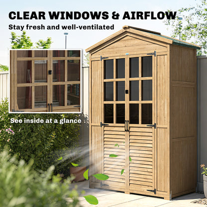 Outsunny Outdoor Wooden Storage Cabinet, Garden Tool Shed with Acrylic Windows for Patio, Light Brown