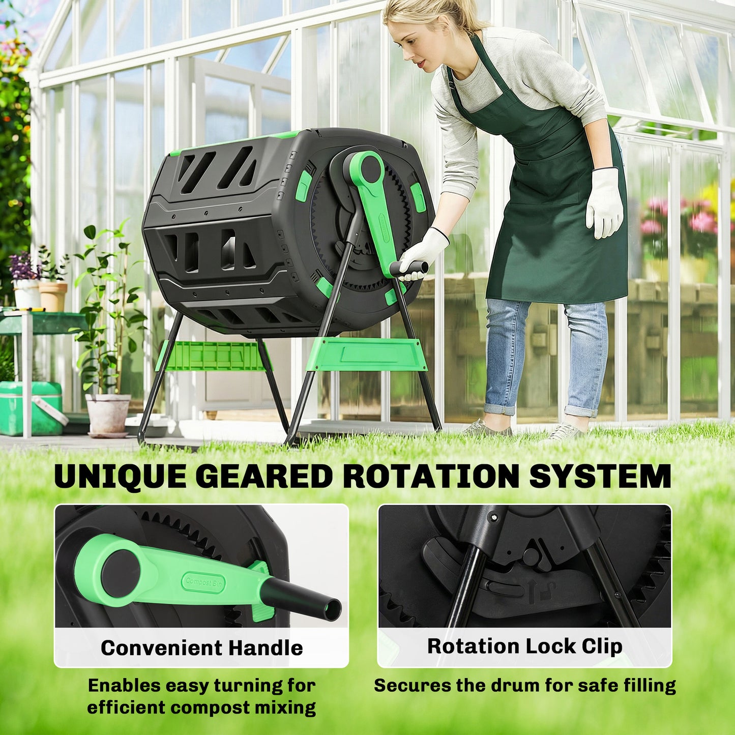 Outsunny Garden Compost Bin, 200L Dual Chamber Tumbling Composter with Adjustable Vents, BPA Free Compost Tumbler, Green