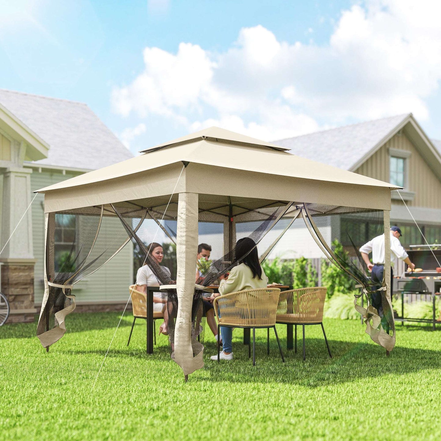 Outsunny 3 x 3(m) Pop Up Gazebo, Double-roof Garden Tent with Netting and Carry Bag, Party Event Shelter for Outdoor Patio, Cream White