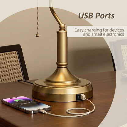 HOMCOM Desk Lamp with USB Ports, Banker's Table Lamp Desk Lamp with Vintage Bronze Tone Base and Pull Rope Switch, Green