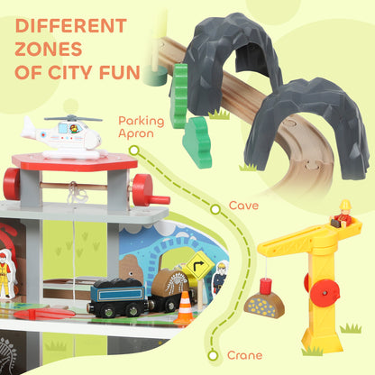 AIYAPLAY 79 Piece Wooden Train Set, Kids Train Track Mine Themed with Crane, Helicopter--ChewyGames-ChewyGames