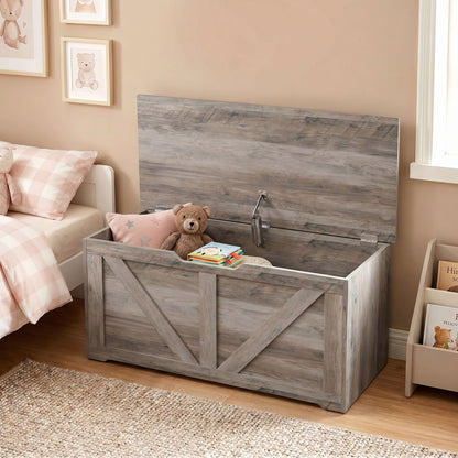 HOMCOM 100L Home Storage Box, with Safety Hinge - Grey Wood-Effect