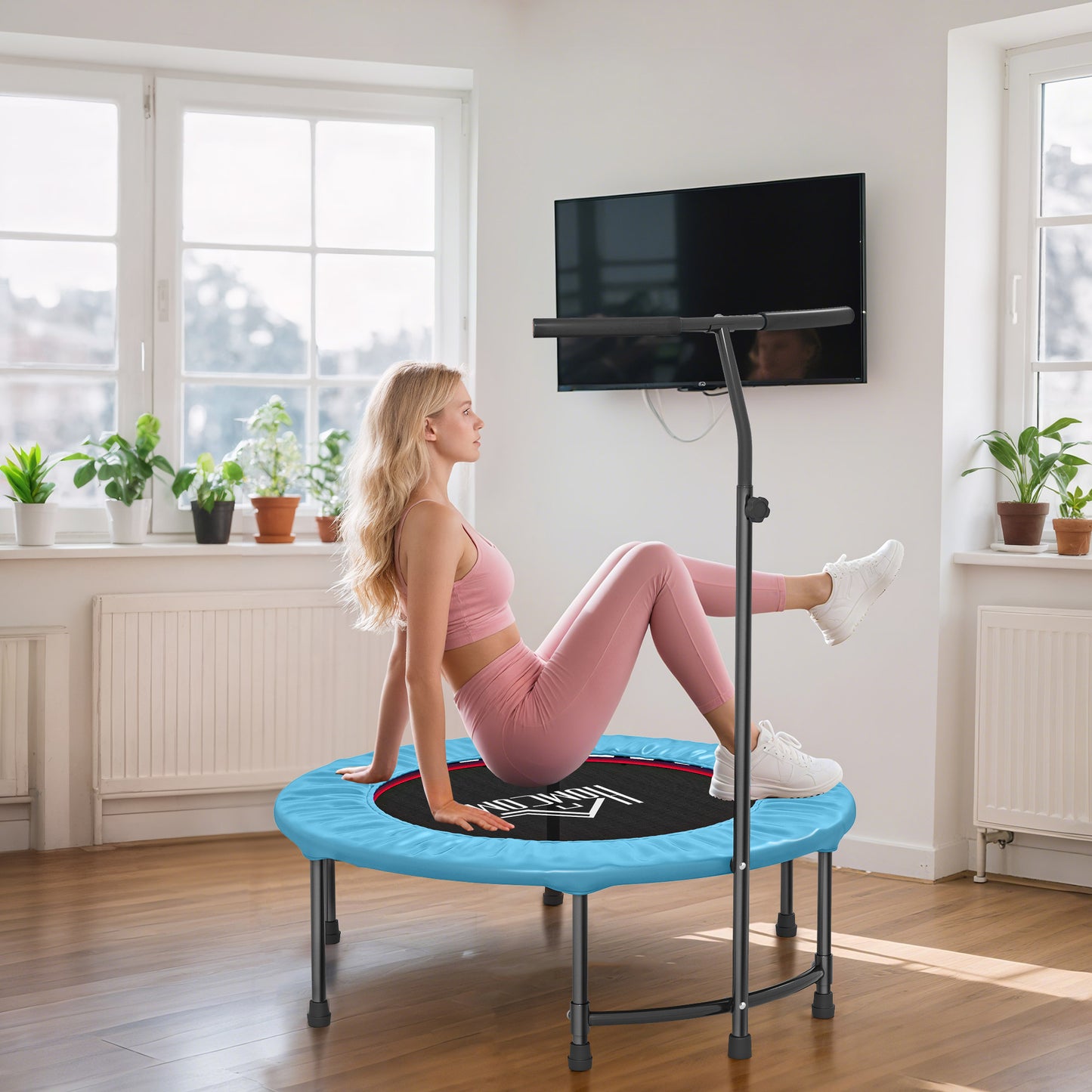 HOMCOM 40" Fitness Trampoline with Adjustable Handle, Rebounder Trampoline, Mini Jumper for Indoor Exercise Workout, Blue