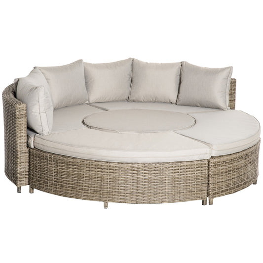 Outsunny 5 Pieces Outdoor PE Rattan Round Garden Daybed with Cushions, Aluminium Lounge Chair Conversation Sofa Set with Liftable Coffee Table and Protect Cover, Grey