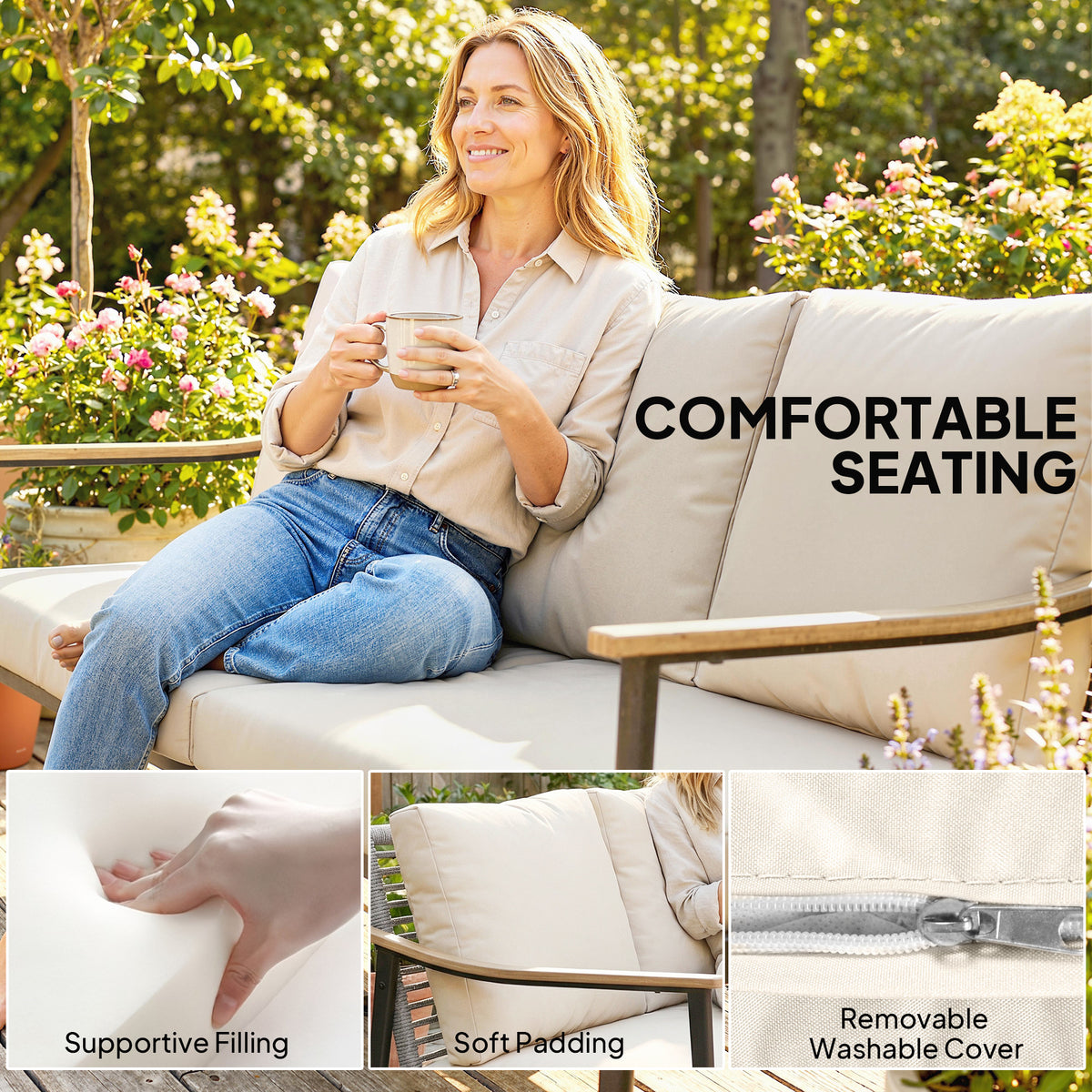 Outsunny 3 Seater Rattan Sofa, Outdoor Garden Sofa with Wood-Effect Armrests, Cushions for Patio, Balcony, Khaki