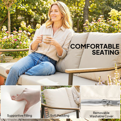 Outsunny 3 Seater Rattan Sofa, Outdoor Garden Sofa with Wood-Effect Armrests, Cushions for Patio, Balcony, Khaki