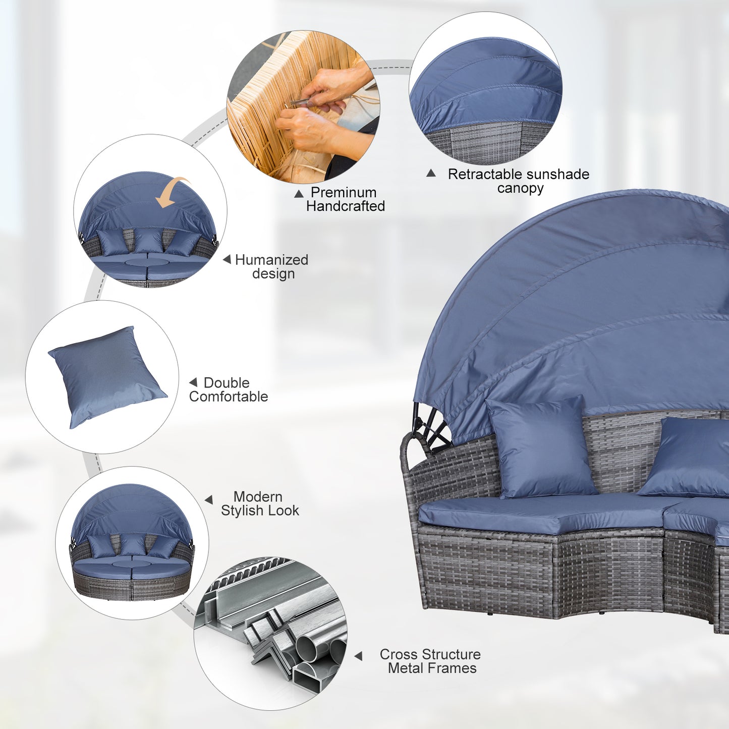 Outsunny Outdoor PE Rattan Garden Furniture with Cushioned, Patio Wicker Conversation Furniture Set, Round Daybed with Retractable Canopy, Coffee Table and Three Pillows, Grey/Blue Grey--ChewyGames-ChewyGames