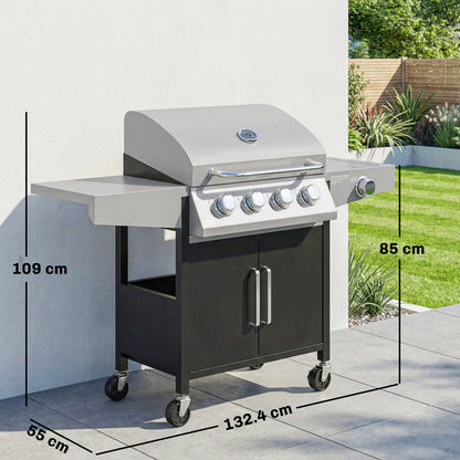 Outsunny 4+1 Burner Gas BBQ Grill with Side Burner, 14.5 kW Steel Portable Gas Barbecue Grill with Built-in Thermometer, Lid