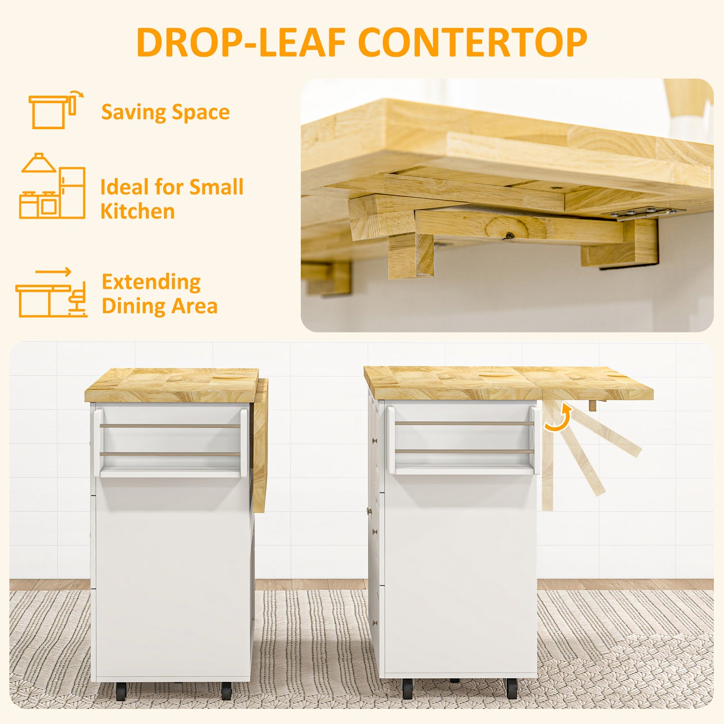 HOMCOM Kitchen Island on Wheels, Rolling Kitchen Storage Trolley with Drop Leaf, Drawers, Towel and Spice Rack, White