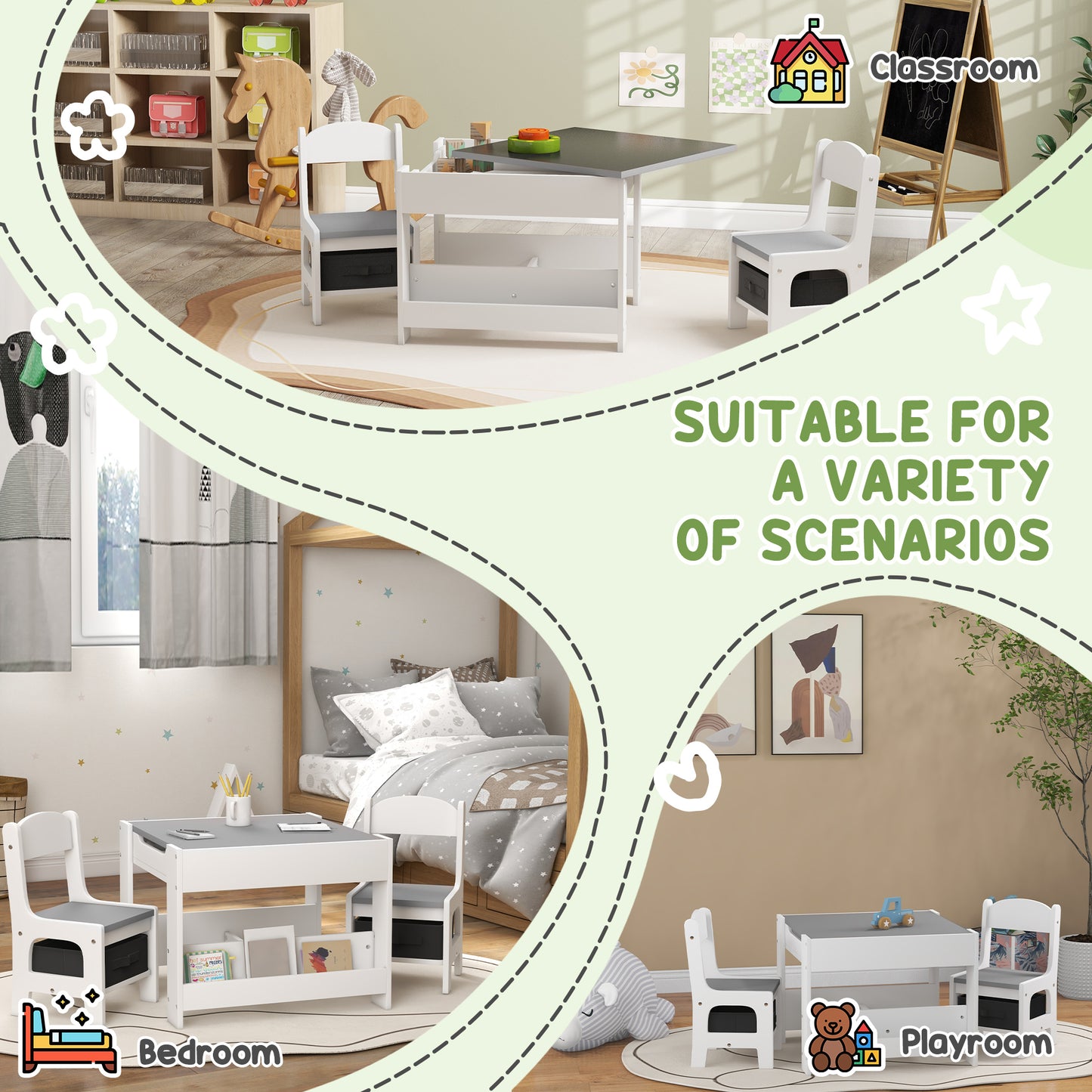 HOMCOM Three-Piece Kids Table and Chair Set with Blackboard, Storage, Bookshelves - Grey