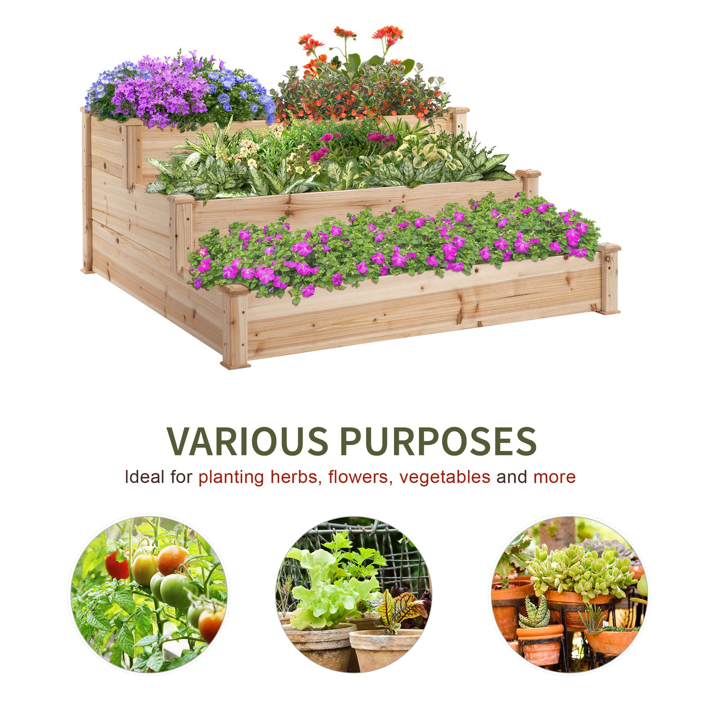 Outsunny 470L Raised Garden Bed, 3-Tier Planter Kit, Elevated Wooden Planters for Garden, Yard & Patio, Wooden Nature