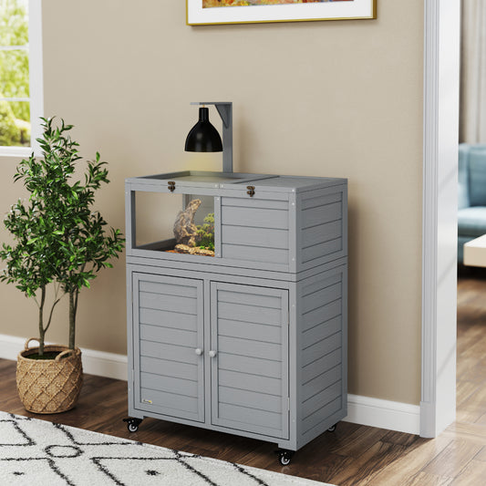 PawHut Wooden Tortoise House with Storage Cabinet, Openable Top, Lamp Holder, Windows, Light Grey