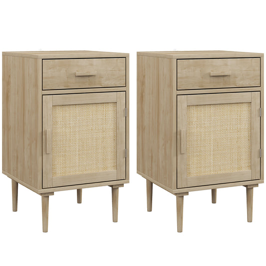 HOMCOM Bedside Tables Set of 2, Rattan Side Tables with Drawer, Cabinet and Adjustable Shelf, Boho Bedside Cabinets with Storage for Bedroom, Living Room, Natural Wood Finish
