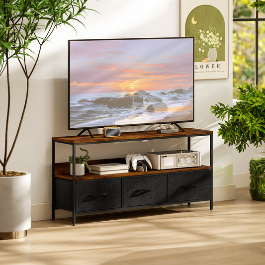 HOMCOM TV Stand Cabinet with 3 Foldable Drawers - Rustic Brown