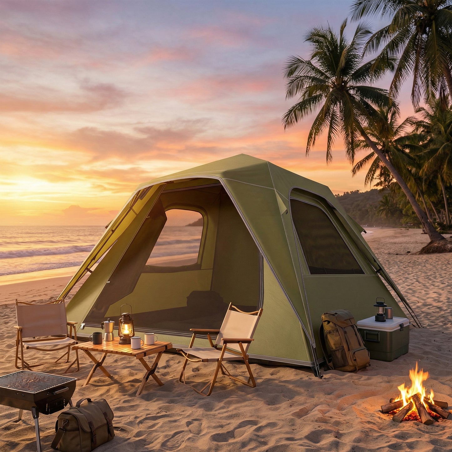 Outsunny Pop Up Tent 3000mm Waterproof Camping Tents with Mesh Windows 2-3 People Green