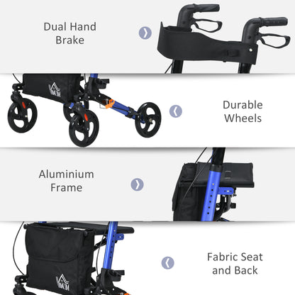 HOMCOM Portable Rollator Walker with 6 Adjustable Height and Dual Brakes for travel and Dailt Use, Blue