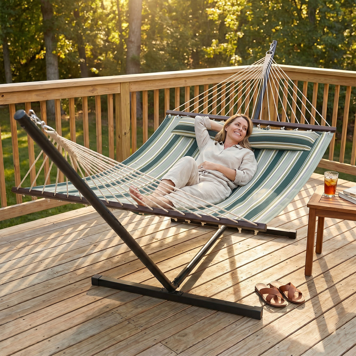 Outsunny Outdoor Hammock with Stand Detachable Pillow Striped Swing Steel Frame, for Garden, Patio, Green