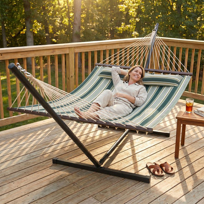 Outsunny Outdoor Hammock with Stand Detachable Pillow Striped Swing Steel Frame, for Garden, Patio, Green