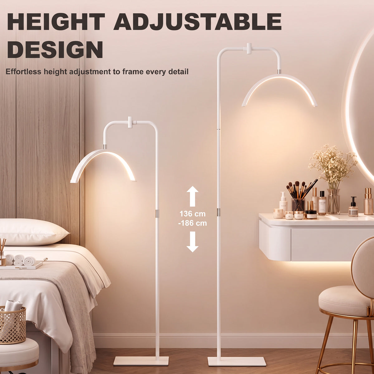 HOMCOM Half Moon Lash Light, 350° Rotatable Head, 7 Colours, Dimmable Beauty Floor Lamp, White