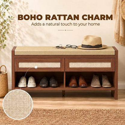 HOMCOM Boho Shoe Bench with 2 Rattan Drawers, Shoe Storage Bench with Cushioned Seat and Open Shelf Brown