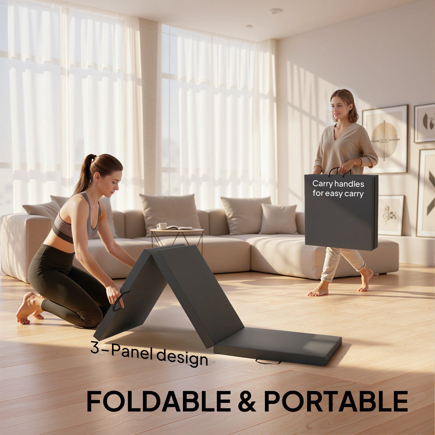 HOMCOM Gymnastics Mat, Tri-Fold Crash Exercise Pad, 6FT 2" Thick Foldable Workout Mat with Handles for Home Training, Grey