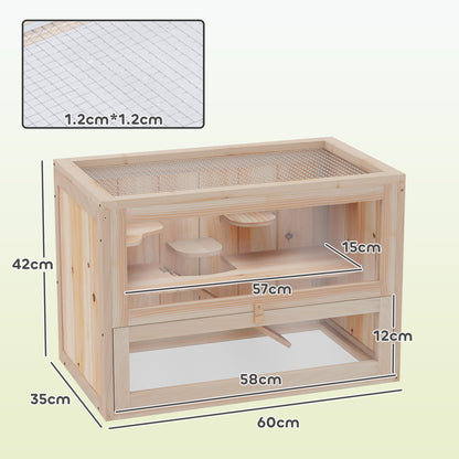 PawHut Wooden Hamster Cage Mouse Mice Rodent Small Animals Hutch Exercise Play House 60 x 35 x 42cm, Natural Wood Finish