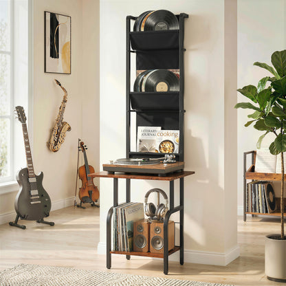 HOMCOM Vinyl Record Player Stand Record Storage with Player Stand Oxford Fabric Pockets Bottom Shelf Rustic Brown and Black