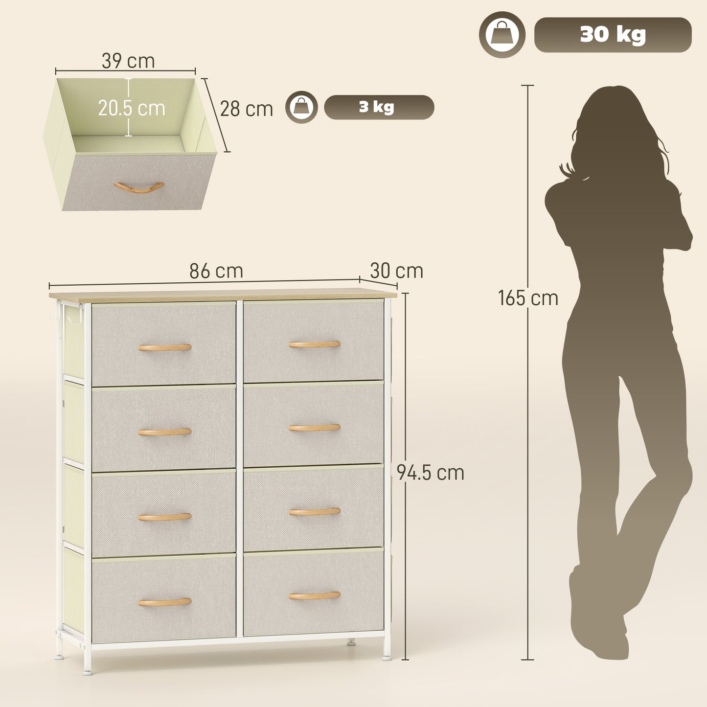 HOMCOM Chest of Eight Fabric Drawers - Beige