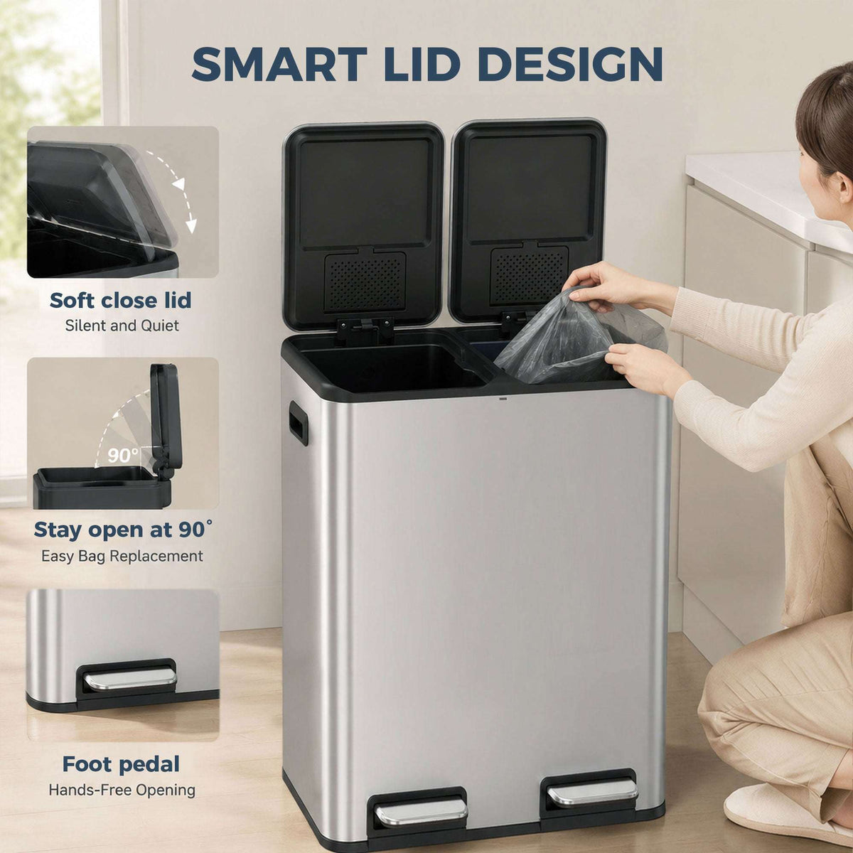 HOMCOM 2 x 30L Double Kitchen Bin, Stainless Steel Pedal Rubbish Bin with Dual Compartments, Soft Close Lids, Silver Tone