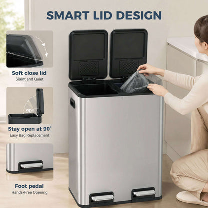 HOMCOM 2 x 30L Double Kitchen Bin, Stainless Steel Pedal Rubbish Bin with Dual Compartments, Soft Close Lids, Silver Tone
