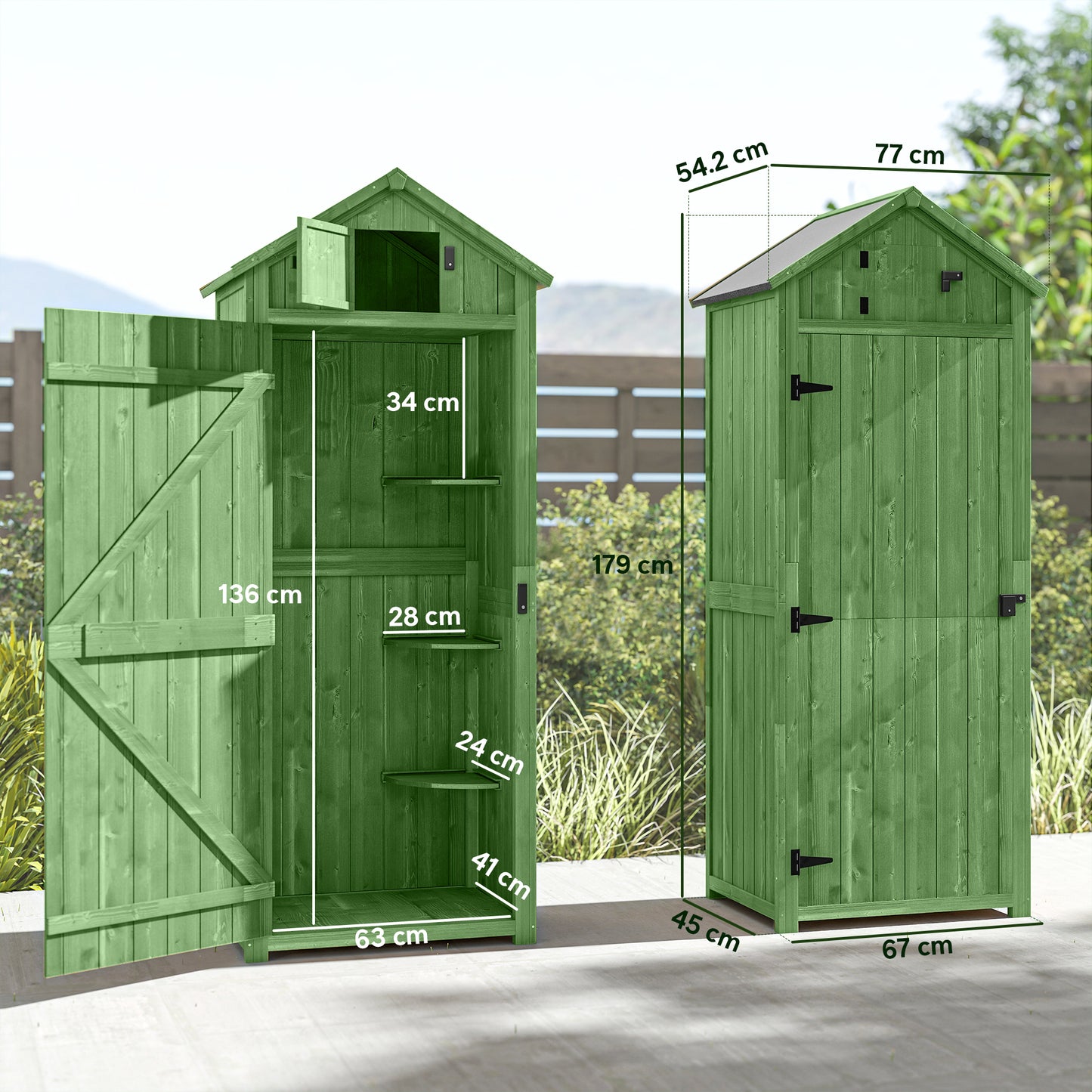 Outsunny Small Shed, Tall Slim Wooden Garden Shed with 3 Removable Shelves and Roof Hatch, Compact Outdoor Tool Storage Cabinet with Asphalt Roof and Door Latch, 77 x 54.2 x 179 cm, Green