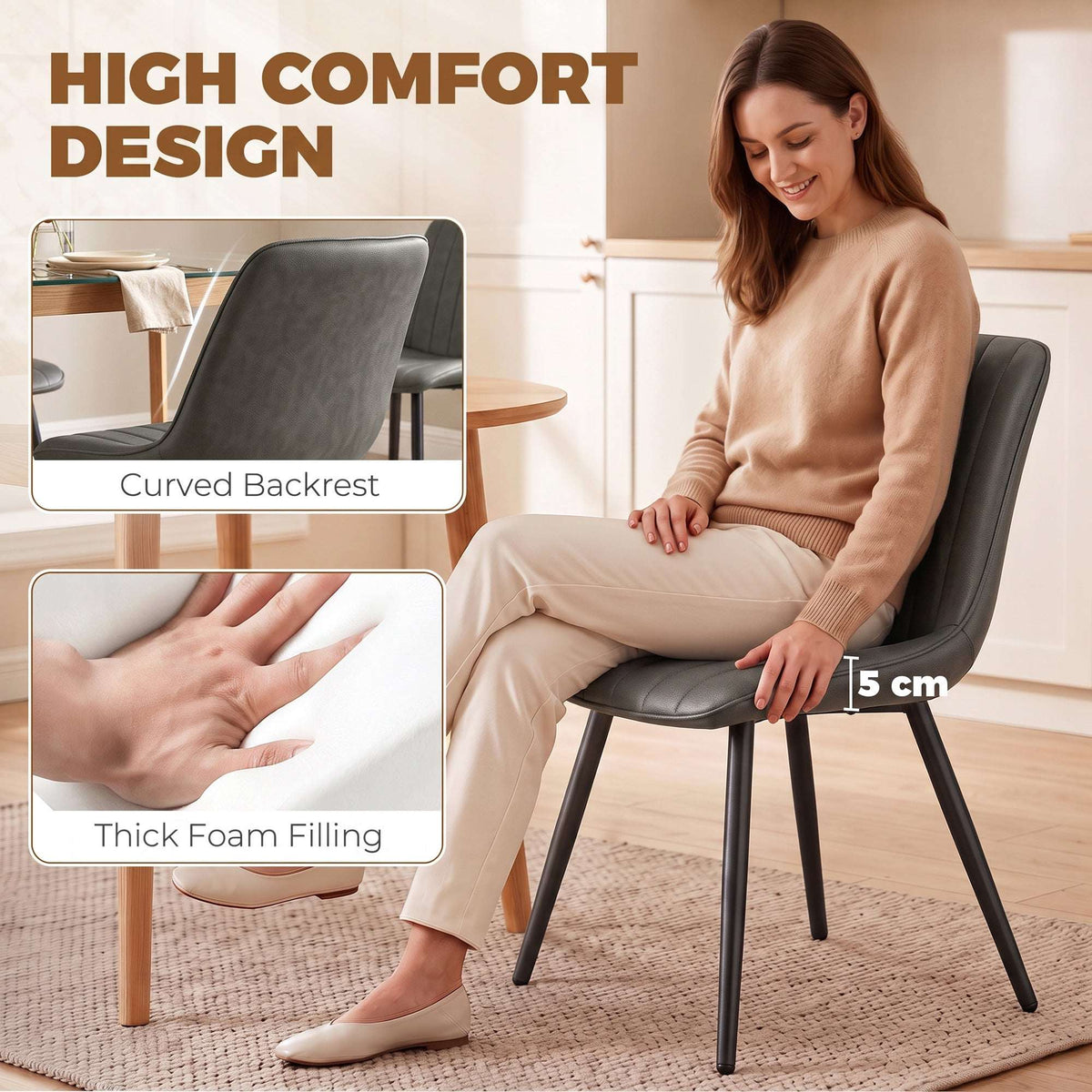 HOMCOM Faux Leather Upholstered Kitchen Chairs, Modern Dining Chairs Set of 2 with Metal Legs for Dining Room, Grey