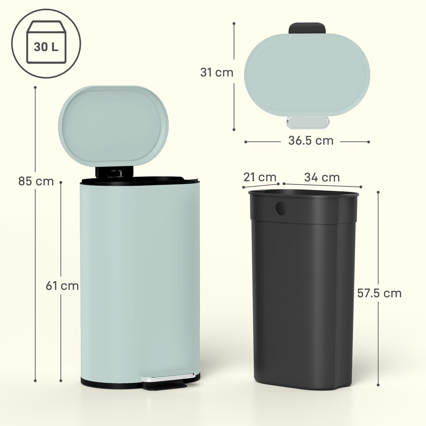 HOMCOM 30 L Modern Curved Kitchen Bin - Green