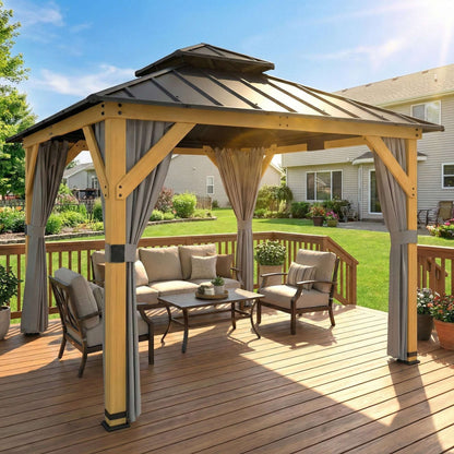 Outsunny 3 x 3 m Outdoor Hardtop Gazebo Canopy with 2-Tier Steel Roof, Wood Garden Gazebo with Curtains, Grey
