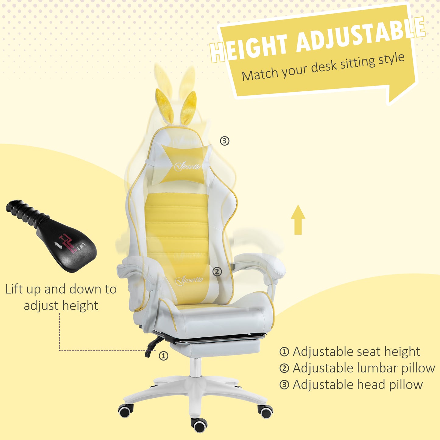 Vinsetto Gaming Chair, Ergonomic Reclining Computer Chair with Headrest, Lumbar Support and Ears for Girls & Adults, Yellow