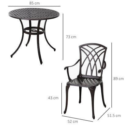 Outsunny 5 Pieces Garden Dining Set for 4, Cast Aluminium Outdoor Dining Set with 4 Armchairs and Round Dining Table with Parasol Hole, Garden Furniture Bistro Set, Brown